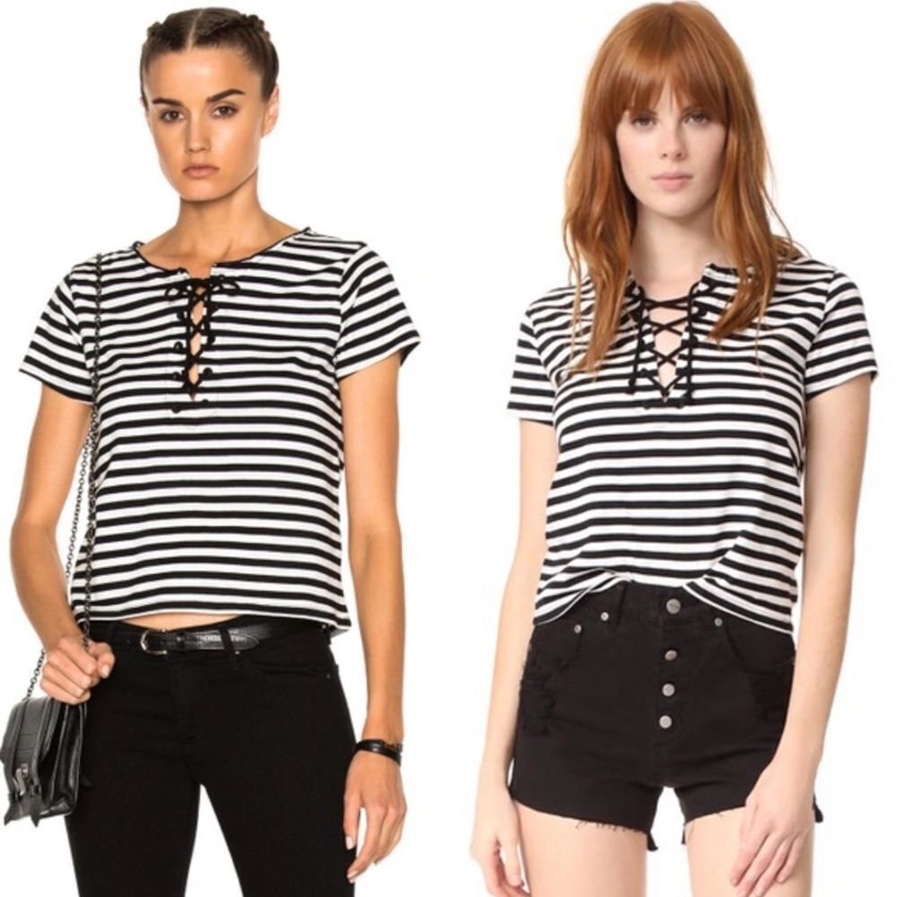 MOTHER tie up crop goodie goodie top black & white striped NWT